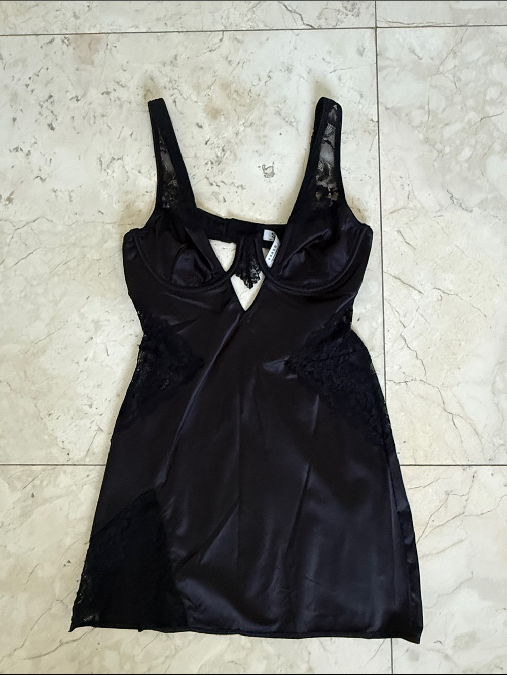 Black Lace-Trim Satin Mini Dress